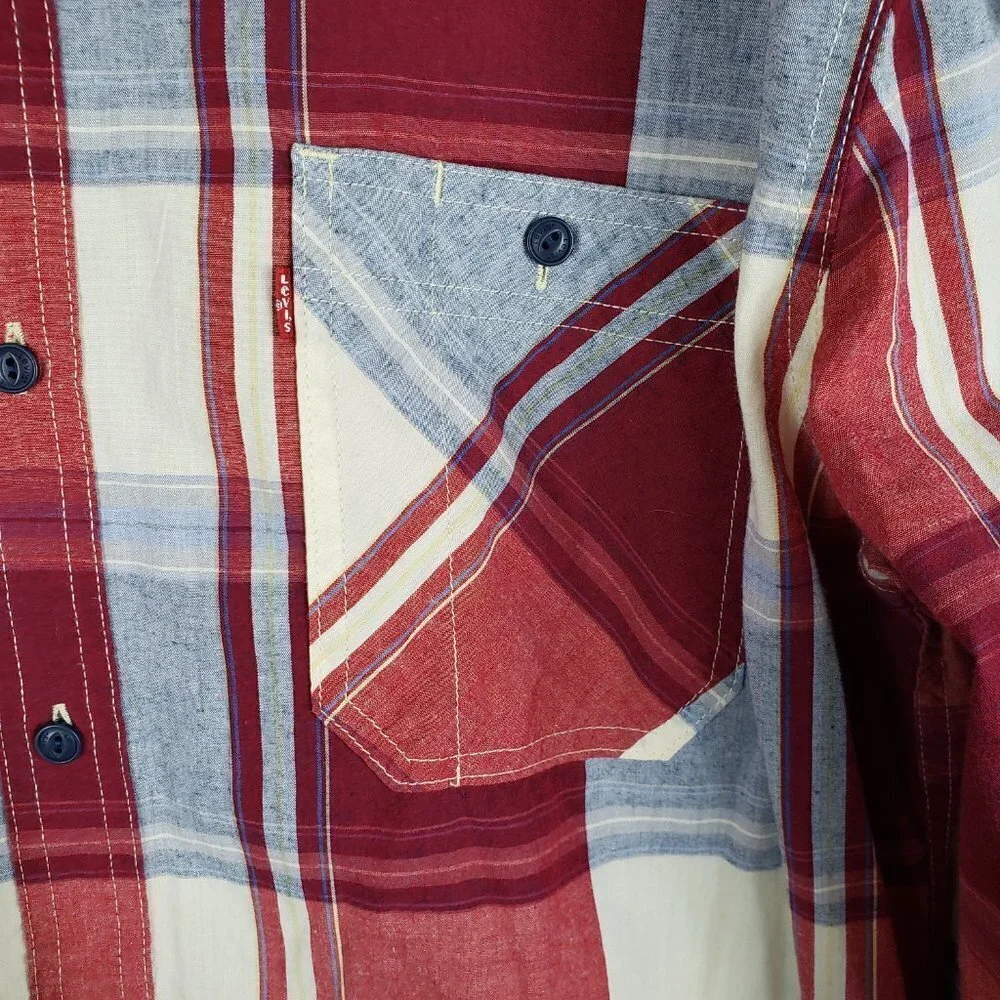 Levis Button Up Shirt Lightweight Long Sleeve Red Blue Retro Plaid Size Large